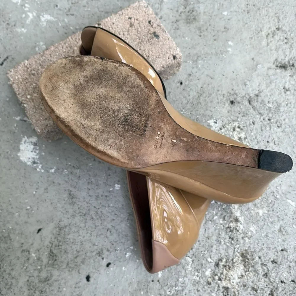 Gucci, patent leather wedge peep toe